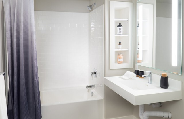 Bathroom with built in shelving