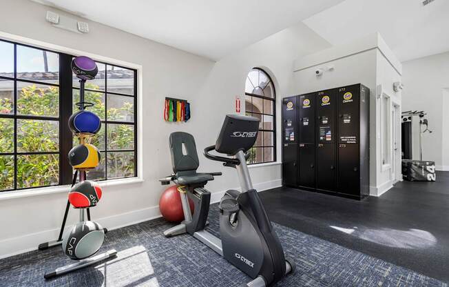 A gym with a variety of equipment including a treadmill, exercise balls, and a weight bench.