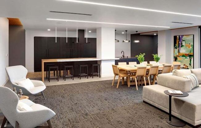 clubroom with kitchen and dining room