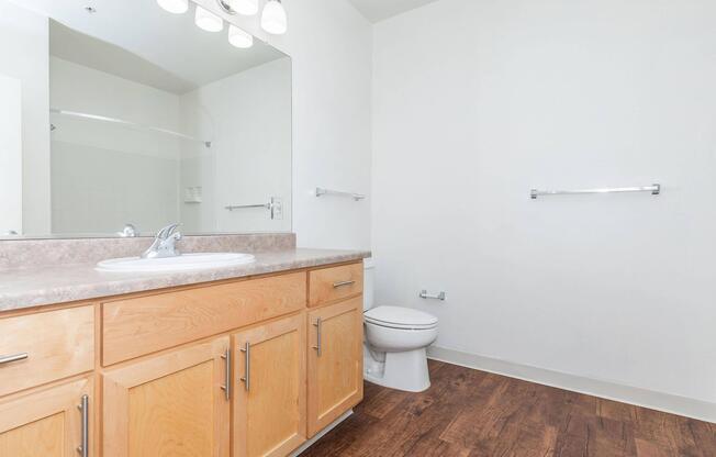 A clean and bright bathroom featuring a large mirror above a wooden vanity with a sink, a modern toilet, and a towel bar on the wall. The floor is made of light-colored wood, and the walls are painted white. The space is well-lit with ceiling lights.