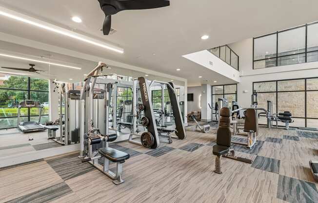 A gym with a variety of equipment including treadmills, weights, and a bench press.