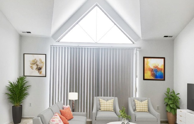 a rendering of a living room with a vaulted ceiling and skylight