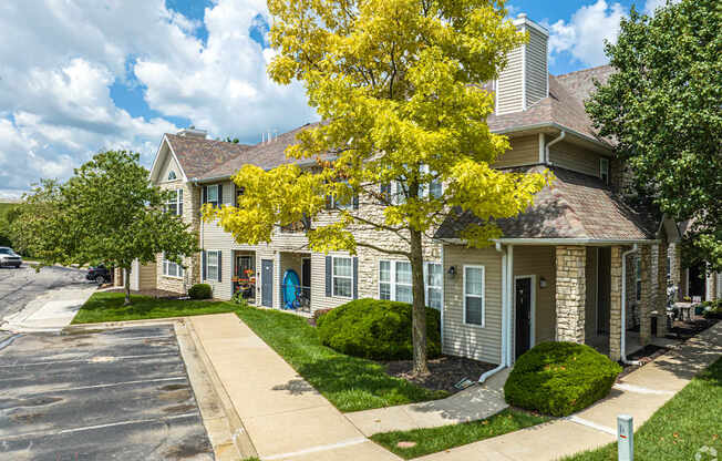 A tree with yellow leaves is in front of a house.