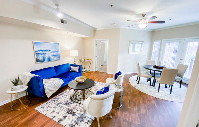 Dining and living room at The Villas at Katy Trail in Uptown Dallas, TX, For Rent. Now leasing Studio, 1, 2 and 3 bedroom apartments.