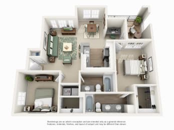 2 beds, 2 baths, 1,096 sqft, $1,298