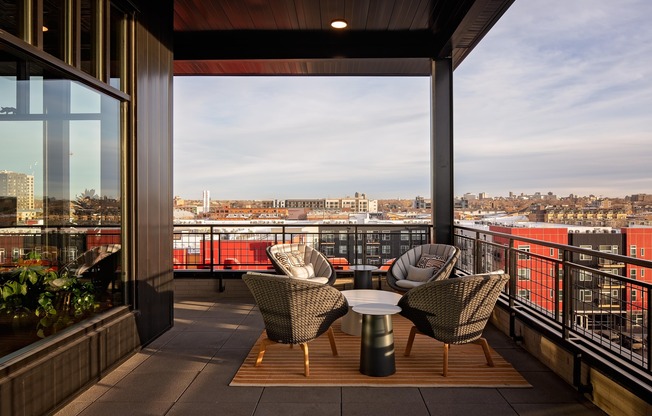 Rooftop lounge featuring ample social spaces