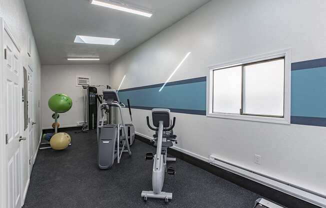 Community gym with window and exercise balls, stationary bike, elliptical, cable machine and free weights.at The Lakes Apartments, Moses Lake, WA 98837