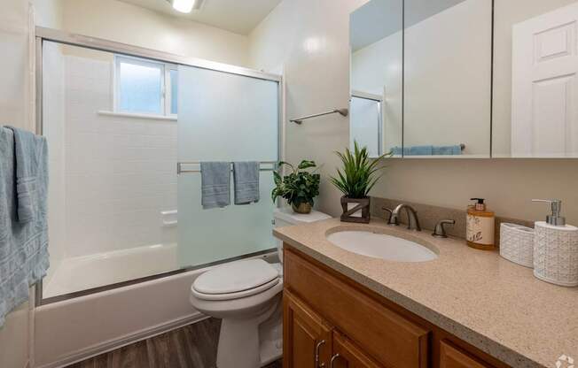 a bathroom with a sink toilet and shower