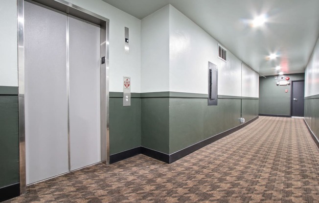 an empty hallway with white walls and doors and a patterned carpet