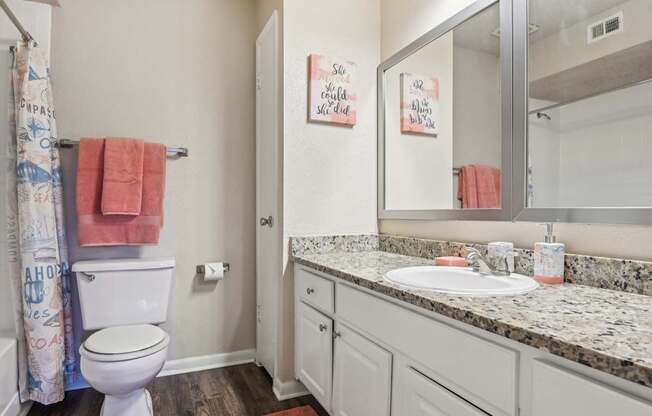 a bathroom with a sink and a toilet and a mirror at The Glen at Highpoint, Dallas, 75243