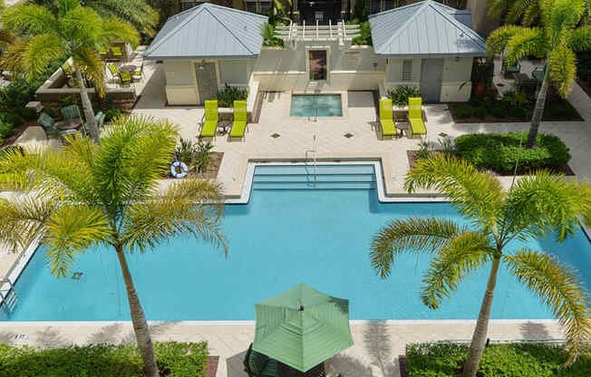 an aerial view of a pool with palm trees in the foreground