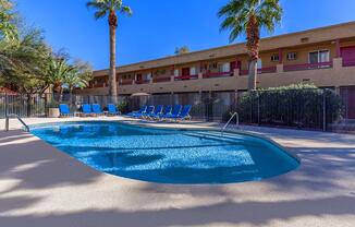 a pool next to a palm tree in front of a building