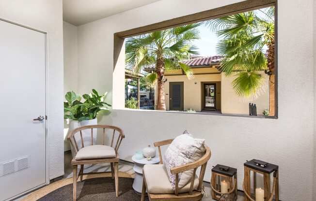 outdoor balcony with outdoor seating at Capriana at Chino Hills, California