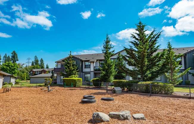 a yard with rocks and trees in front of a building