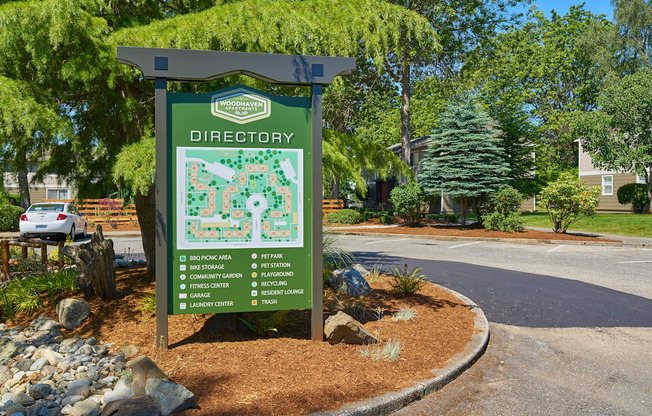 a sign that reads directory in front of a parking lot  at Woodhaven, Everett, WA