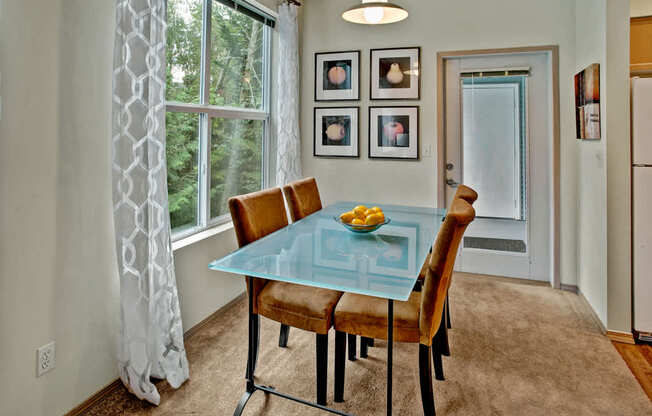 A cozy dining area here at Portsmith featuring a glass-top dining table with four upholstered chairs, soft carpet flooring, and a large window dressed with sheer patterned curtains that allow natural light and leafy outdoor views, complemented by framed wall art, a simple pendant light, and an adjacent doorway connecting to the kitchen and living spaces.