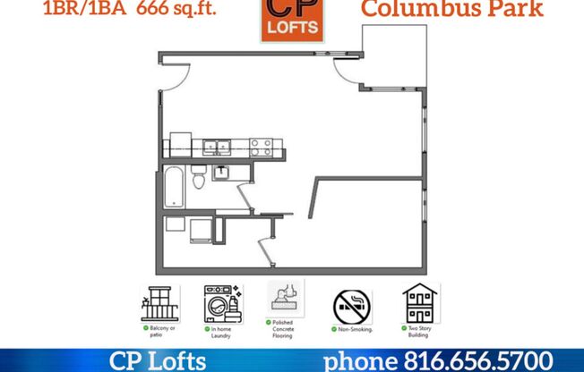 1 bed, 1 bath, 666 sqft, $1,275, Unit 2-206