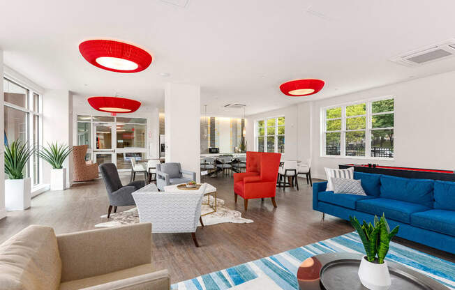 lobby of station row with fireplace and lounge seating