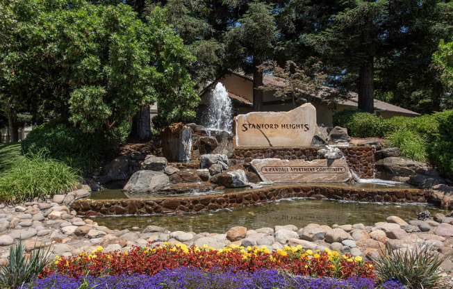 Stanford Heights monument fountain and flowers