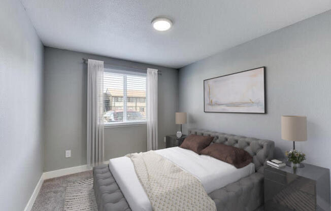 an empty bedroom with a bed and a window