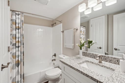 a bathroom with a shower toilet and sink