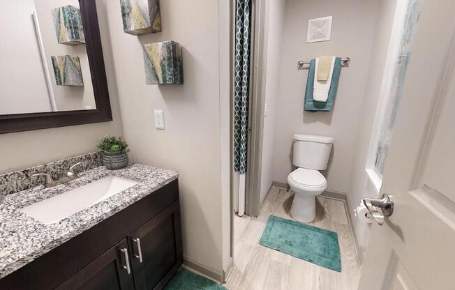 Bathroom with granite vanity, mirror, toilet, and tub at The Madison Franklin, Tennessee, 37064