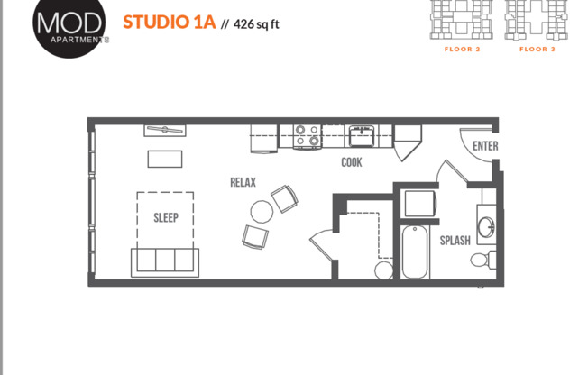 Studio, 1 bath, 489 sqft, $1,615, Unit 136