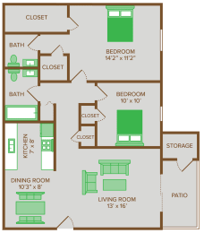 two bedroom one and a half bathroom floor plan at walnut creek apartments