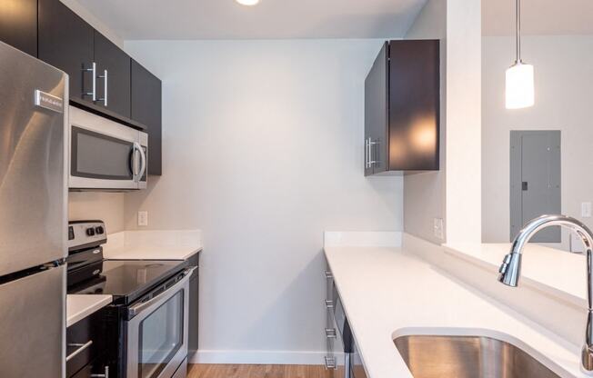 Aparttment kitchen, dark cabinets, oven, refrigerator, stainless steel