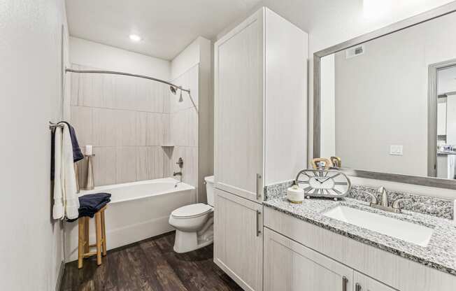 a bathroom with a sink and a toilet and a bath tub