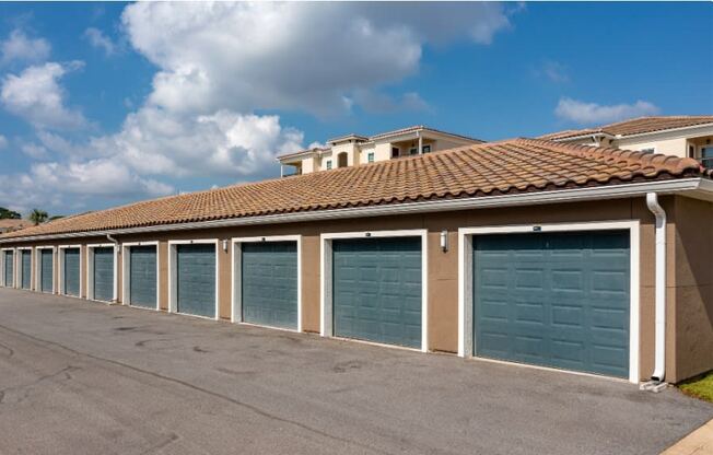 A row of garages at the Flats at Sundown in North Port, Florida