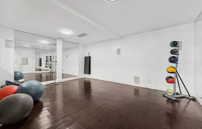 A room with a mirror, exercise balls, and a traffic light.