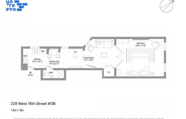 1 bed, 1 bath, $3,750, Unit 3B