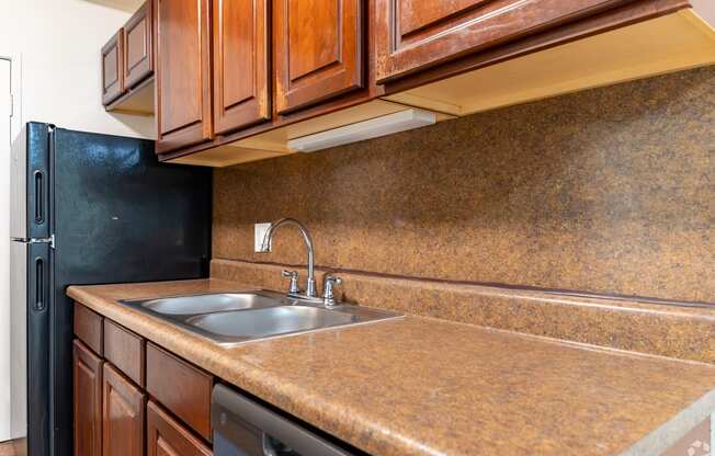 a kitchen with a sink and a black refrigerator