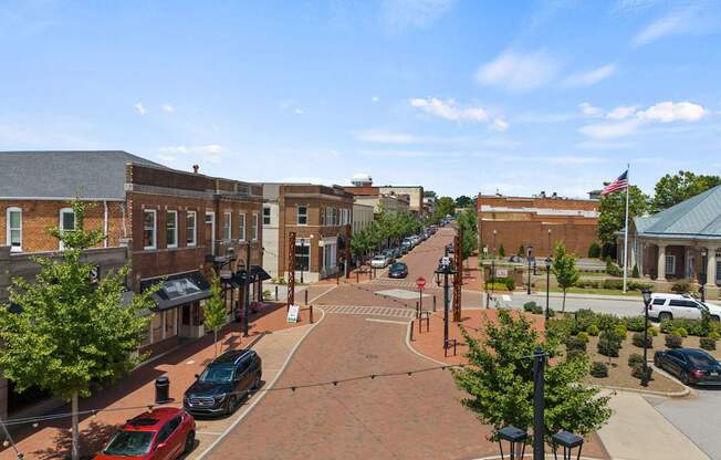 Overhead view of downtown Greer, SC with brick streets