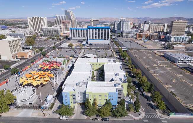 an aerial view of the convention center and the city