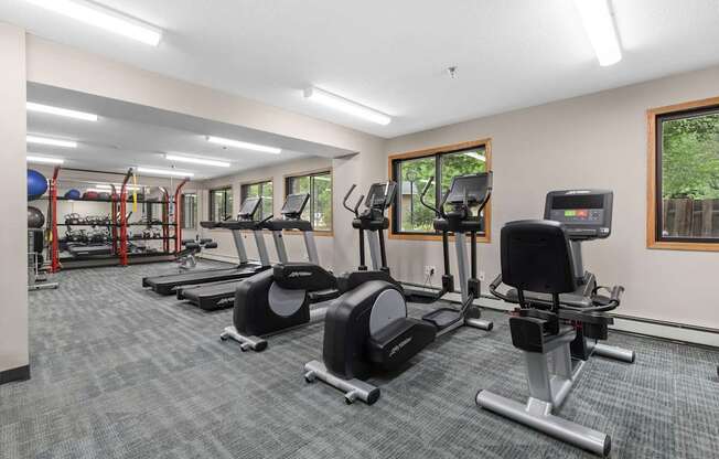 A gym with treadmills, elliptical machines, and other cardio equipment.