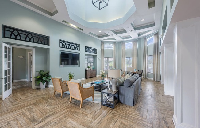 a large room with tables and chairs in it