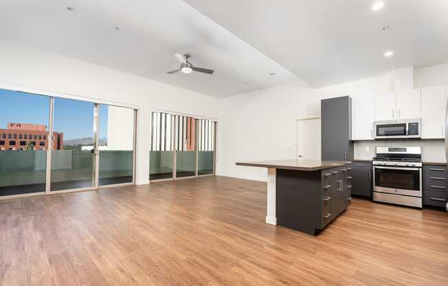 Penthouse with kitchen, wood style flooring and large windows