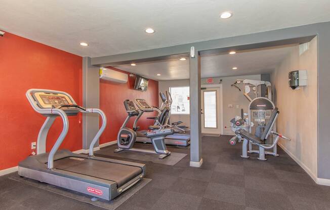 A gym with treadmills, elliptical machines, and a weight machine.