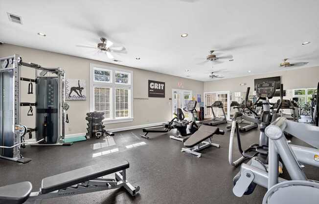 A gym with a variety of equipment including a bench press, leg press, and a squat rack.