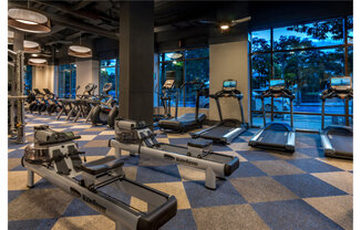 a gym with cardio equipment and a view of the pool at Shearwood Station, New Rochelle, NY, 10801