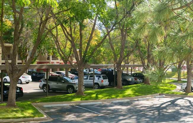 a parking lot filled with cars and trees