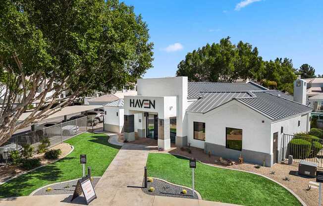 A white building with the word Haven on it.