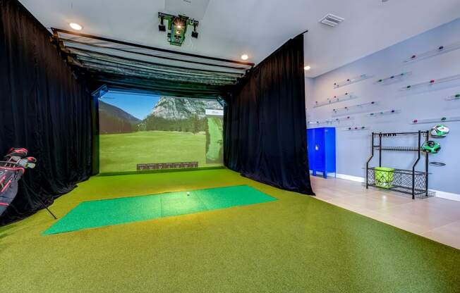 a view of the putting green from the side of the room