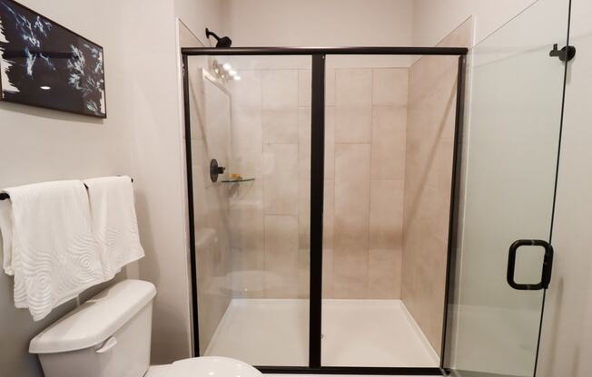 a small bathroom with a shower and a toilet