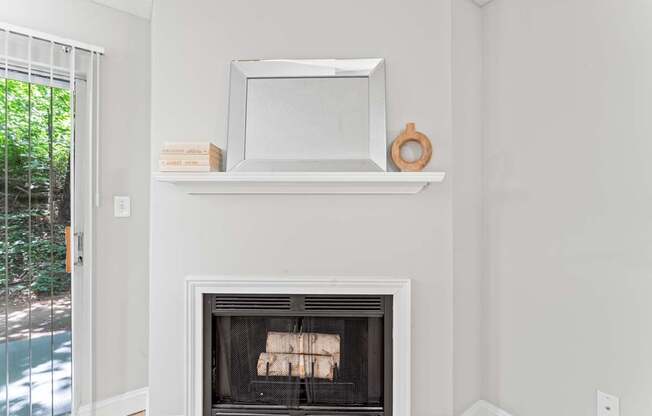 A white fireplace with a mirror above it and a plant on the mantle.