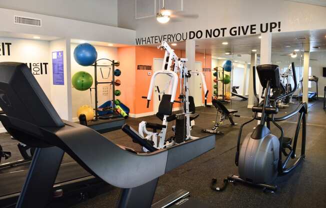 a workout room with a treadmill and weights in a gym