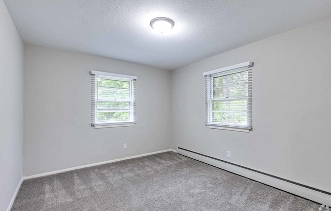 A room with carpeted floor and two windows.
