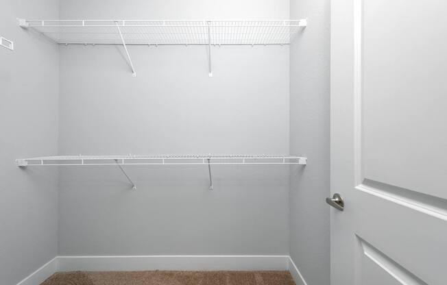 A white closet with a carpeted floor and a white door.